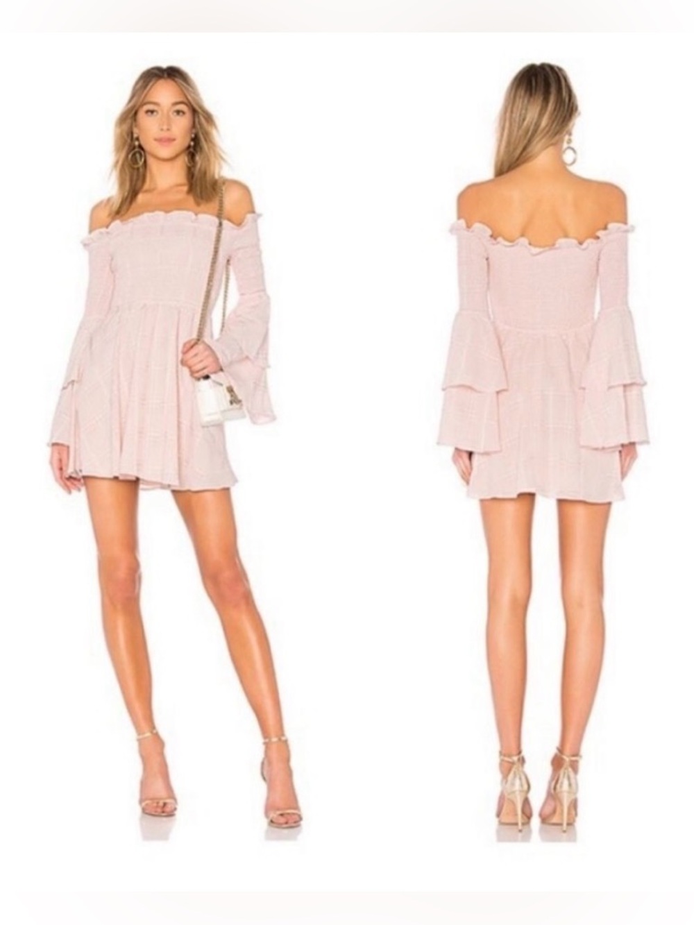 LPA Off-Shoulder Blush Pink Smocked Bell-Sleeve Dress